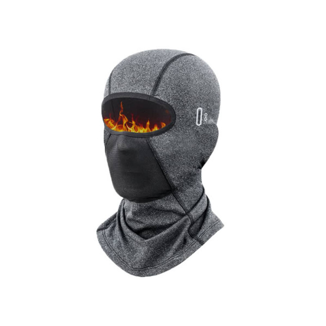 A grey balaclava cycling face mask featuring a mesh eye area and a flame graphic design. It includes a branding logo.
