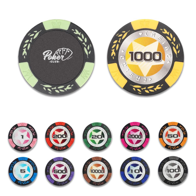 Wheat stalk clay poker chips in various colours, featuring different denominations and a logo on the centre chip.