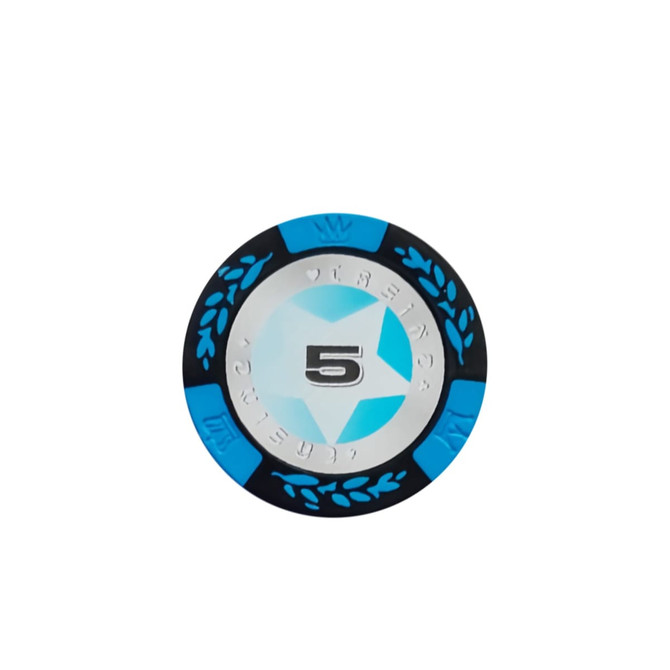 A round poker chip featuring a silver centre with the number 5, surrounded by blue and black details and a logo.