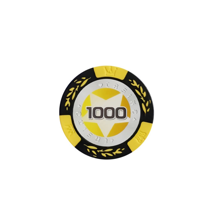 A round poker chip in black and yellow, featuring a central star design and the number "1000".