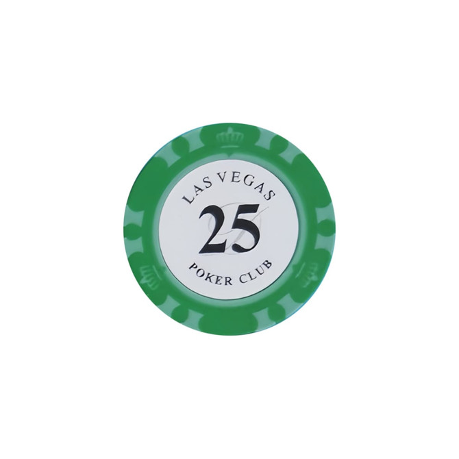 A green poker chip featuring a white centre with the number 25 and poker club details. It has a branding logo.