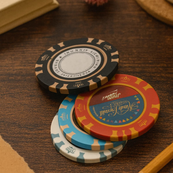 A set of Royal Crown clay poker chips in black, red, and blue, stacked on a wooden surface.