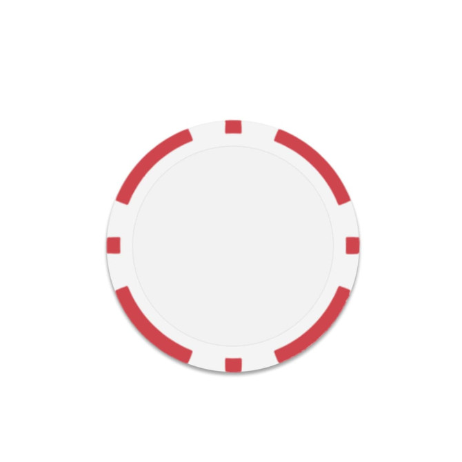 A round poker chip in white with red accents around the edges. It has a smooth surface and no visible branding.