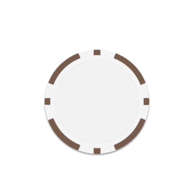 A round poker chip in white with brown accents on the edges. It features a logo in the centre.