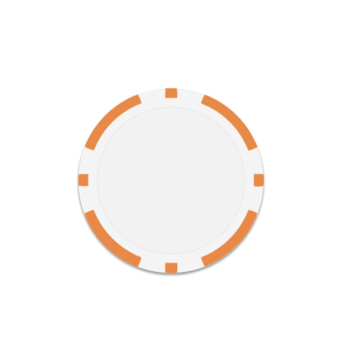 A round poker chip in white with orange accents on the edges. It has a smooth surface and no text.