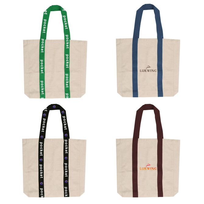 A set of four personalised canvas tote bags with various coloured handles: green, navy, black, and burgundy. Each features a logo.