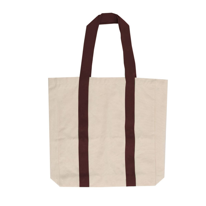 A beige canvas tote bag with dark maroon handles and a logo. The bag features a spacious design.