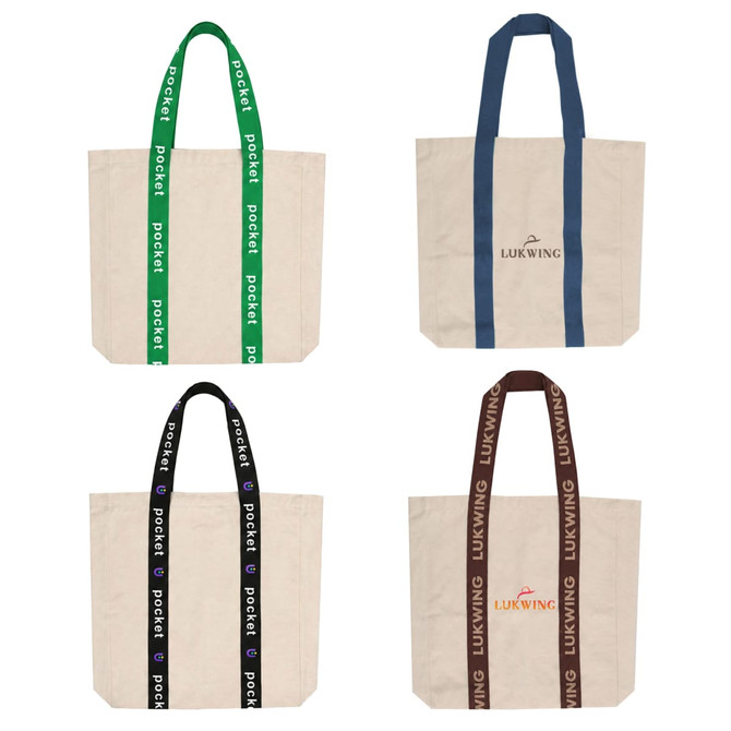 A collection of four custom woven handle tote bags in beige with blue, green, brown, and dark brown straps, featuring logos.