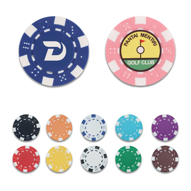 A set of ABS poker chips in various colours, including blue, pink, orange, and green, with branding on one chip.