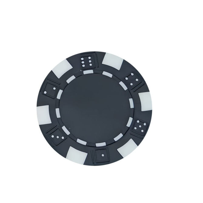 A black poker chip with white inlays featuring various designs, including pips and squares, and a central area.
