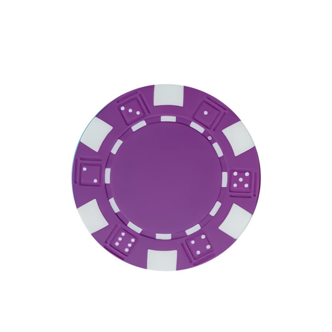 A purple poker chip with white accents and a circular shape, featuring dice designs. It has a logo in the centre.