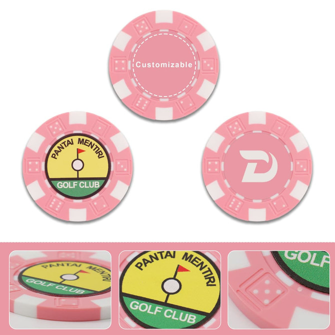 Three pink poker chips featuring customizable designs and a logo, with green and yellow elements on one chip.
