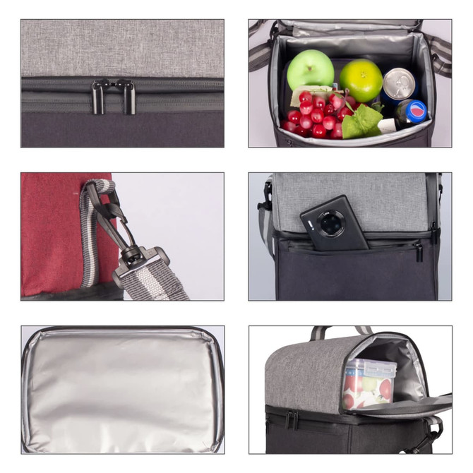 A two-compartment grey lunch bag, featuring a zippered section with apples, grapes, and a drink bottle. It has a logo.