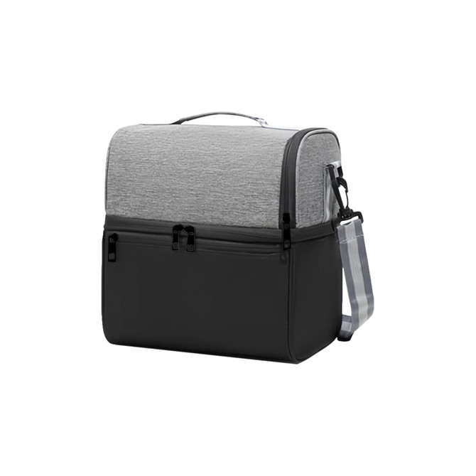 A grey two-compartment lunch bag with a solid black base, featuring a handle and adjustable strap. It has zippers and a logo.