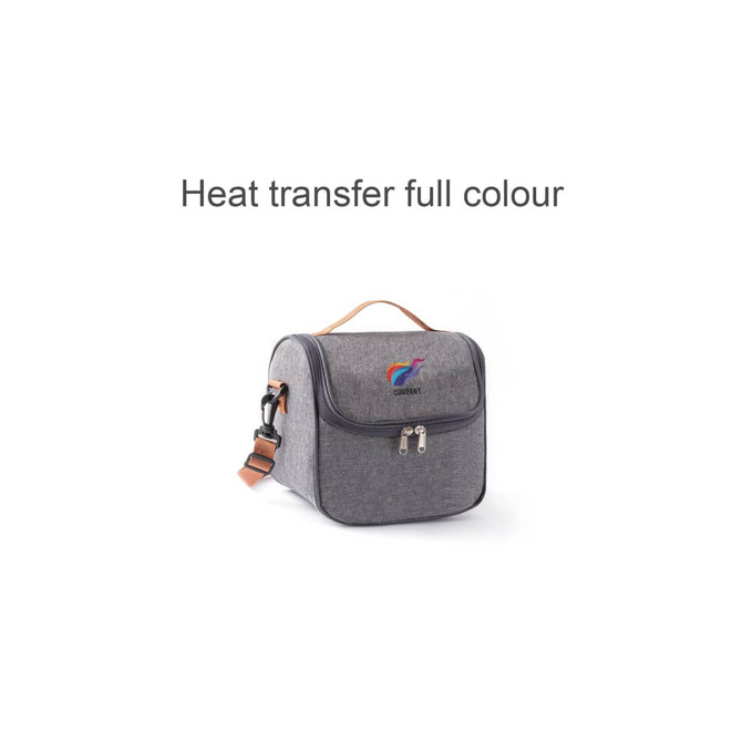 A grey customizable lunch bag with a zip closure and a carrying handle. It features a logo on the front.