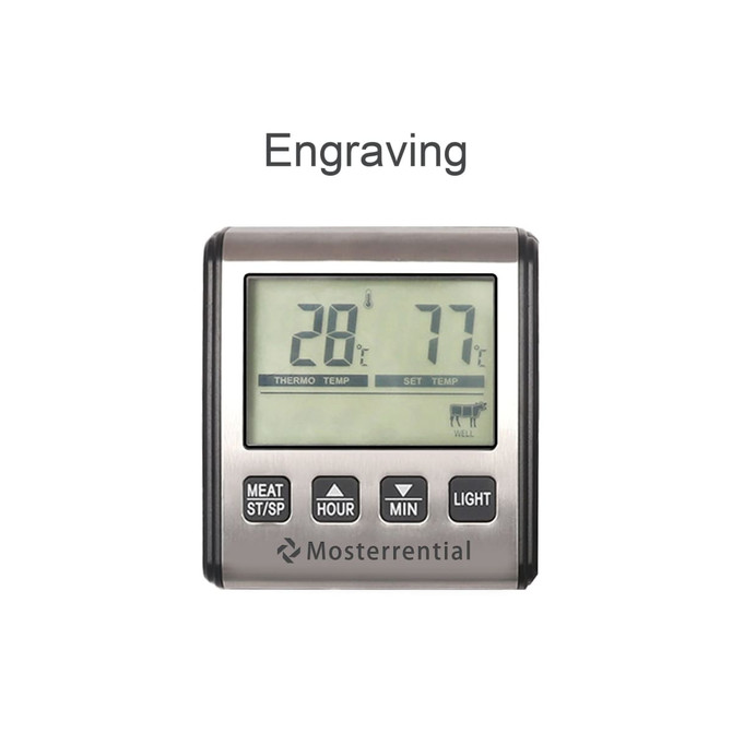 A digital oven thermometer with a stainless steel frame and a large display showing temperature readings.