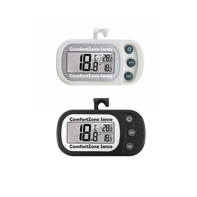 Two ambient thermometers in white and black, featuring digital displays and buttons, each with a hook for hanging.
