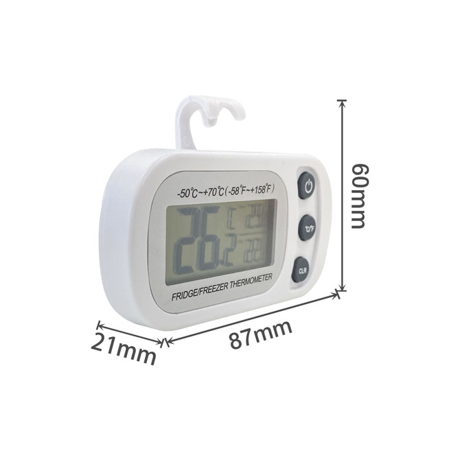 A white ambient thermometer with a digital display, featuring dimensions and a hook for hanging.