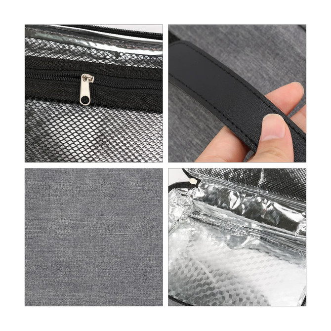A grey portable thermal insulated lunch bag with a zip closure and a sturdy handle, showcasing both interior and exterior textures.