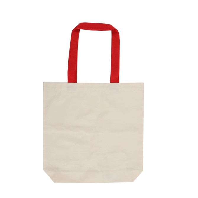 A cream canvas tote bag with red handles, featuring a logo on one side.