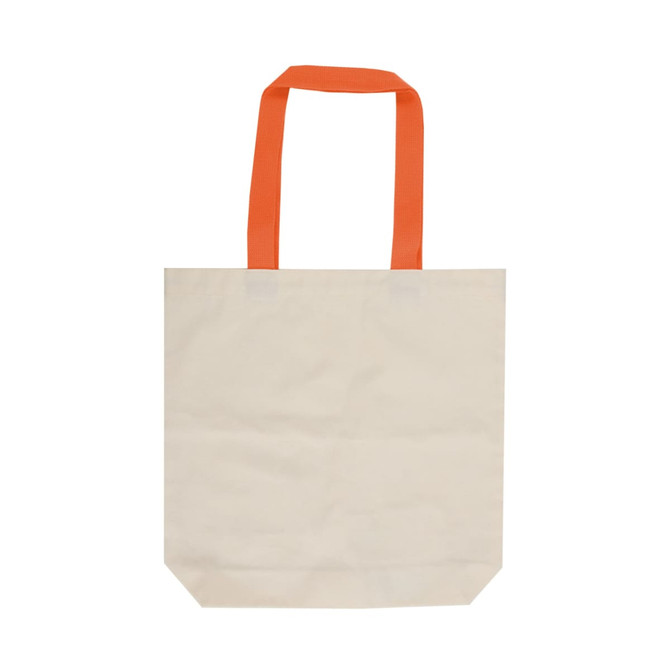 A beige canvas tote bag with orange handles, featuring a simple design and an unbranded appearance.