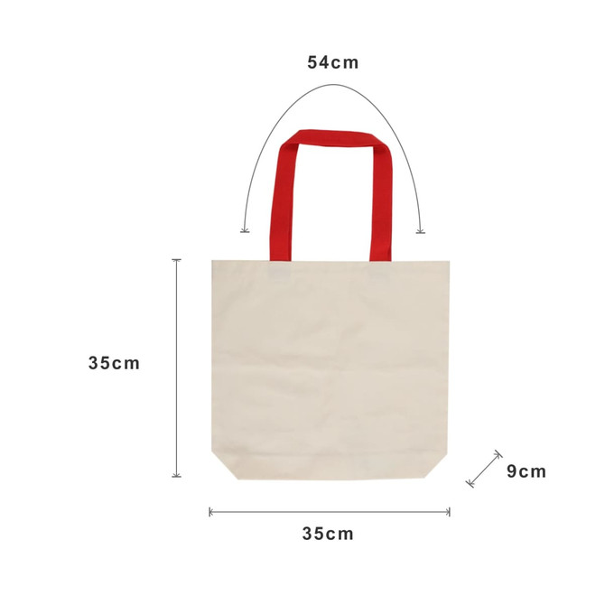 A cream canvas tote bag with red handles, measuring 35cm by 35cm, featuring a branding logo.