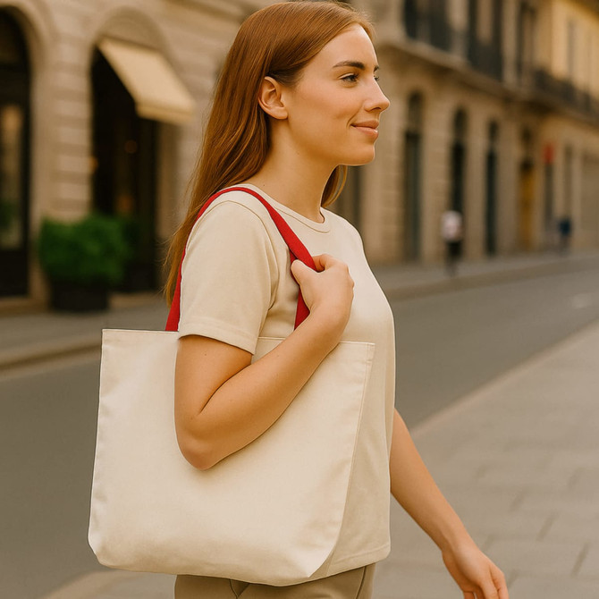 A woman with long hair carries a beige 340gsm canvas tote bag with red handles in an outdoor setting.