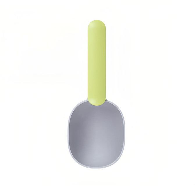 A 2 in 1 pet food scoop with a light green handle and a grey scoop head, featuring a simple design and a logo.