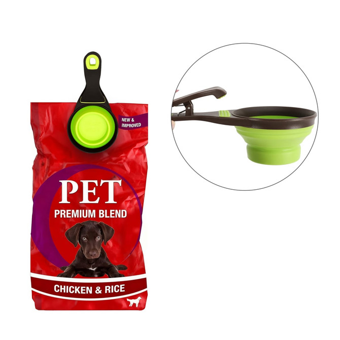 A red pet food bag with a brown and green collapsible scoop attached. The scoop is green with a brown handle.