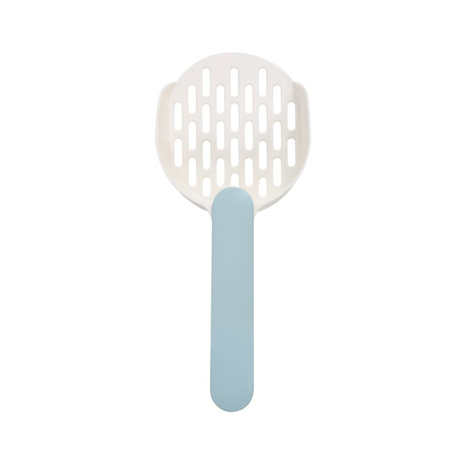 A cat litter scoop with a white head and a light blue handle, featuring a slotted design for easy scooping.