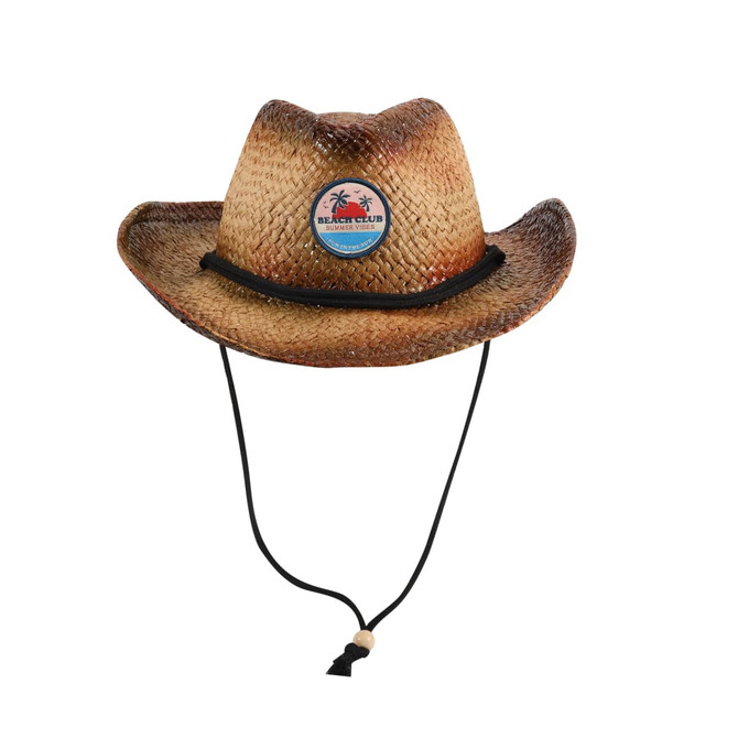 A sprayed cowboy straw hat in shades of brown with a decorative band and a logo patch on the front.