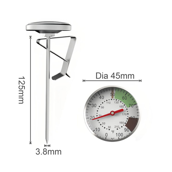 A stainless steel instant read dial thermometer with a silver finish and a round gauge displaying temperature markings.