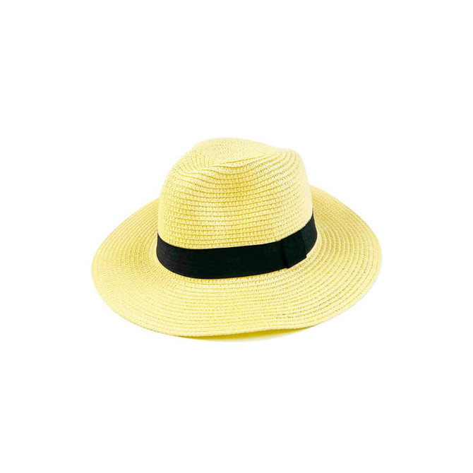A yellow sun hat with a black band, featuring a wide brim and a textured straw design.