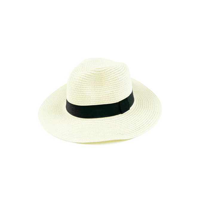 A Panama Beach Sun Hat in cream with a black band, featuring a wide, rounded brim.
