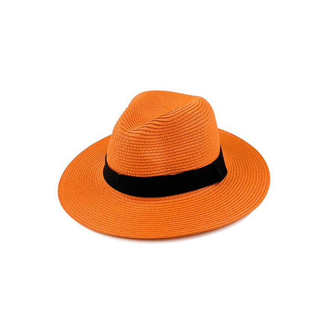 An orange sun hat with a black band, featuring a wide brim and a structured crown.