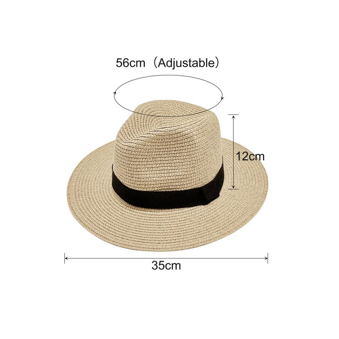 A Panama beach sun hat in beige with a black band, featuring adjustable sizing and measurement details.
