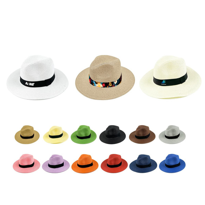 A variety of Panama Beach Sun Hats in colours including white, beige, green, pink, and orange, featuring different bands and styles.