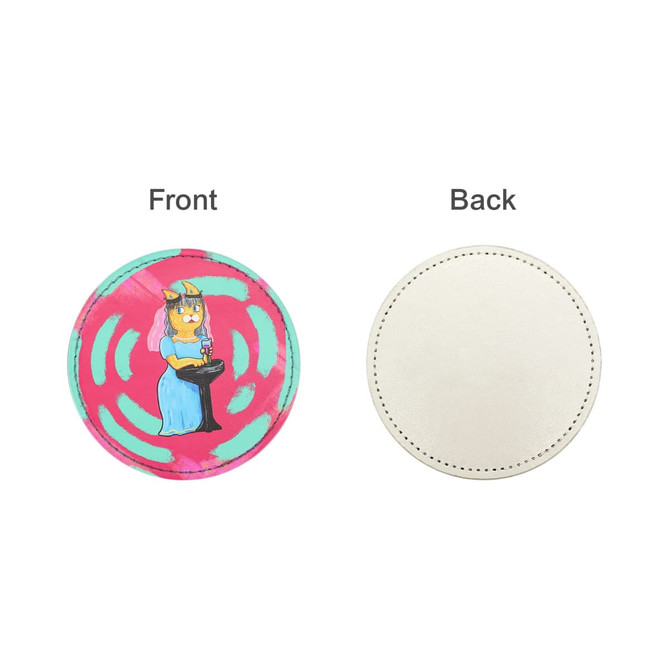 A colourful PU coaster featuring a character illustration on the front and a plain white back.