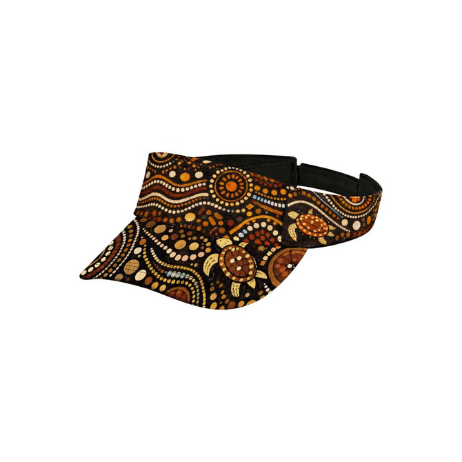 A full sublimation visor featuring an intricate design in earthy tones of brown, orange, and cream, with a logo.