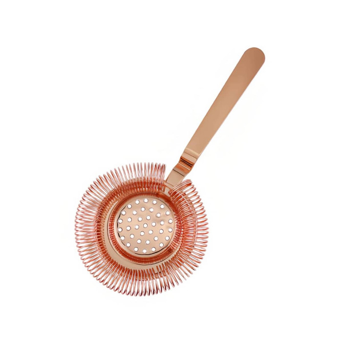A round cocktail strainer in a rose gold finish with a spiral design and a perforated bowl.