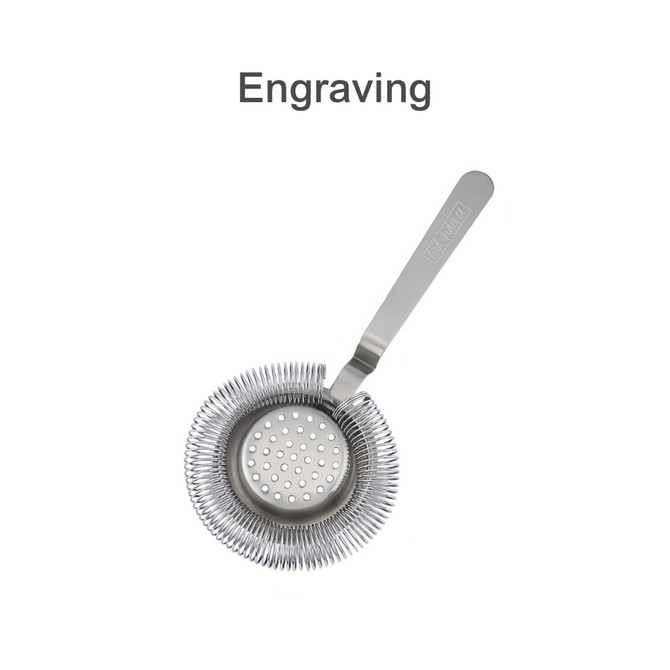 A stainless steel round cocktail strainer with a long handle and perforated bowl, featuring a branding logo.