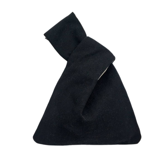 A black cotton wrist bag with a knotted top, featuring a simple design and a logo.