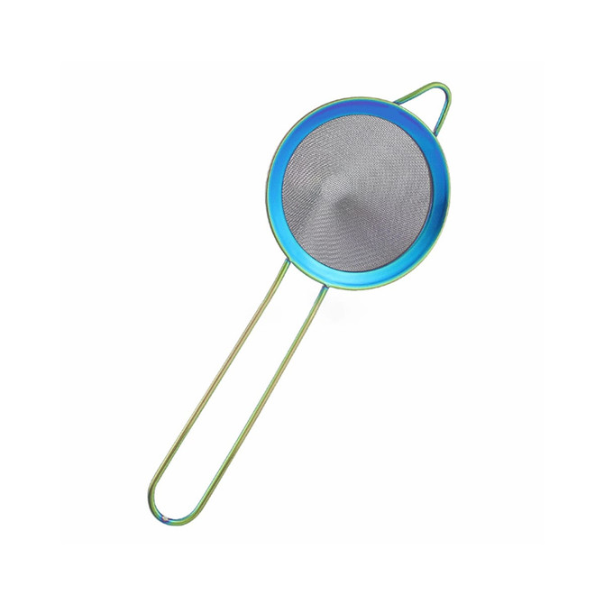 A bar mesh strainer with a metallic blue and green finish, featuring a round mesh sieve and a long handle.
