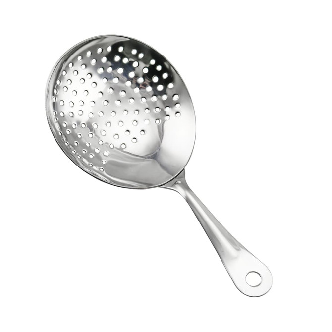 A stainless steel cocktail strainer with a perforated design and a long handle, featuring a circular hole for hanging.