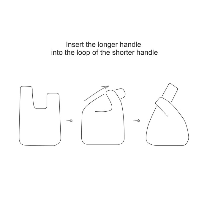 A line drawing illustrating the assembly of a wrist bag, featuring two handles with a loop and longer handle process.