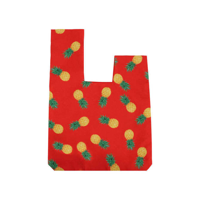 A red sublimation polyester wrist bag with a pineapple pattern and a cut-out handle. It features multiple yellow pineapples with green leaves.