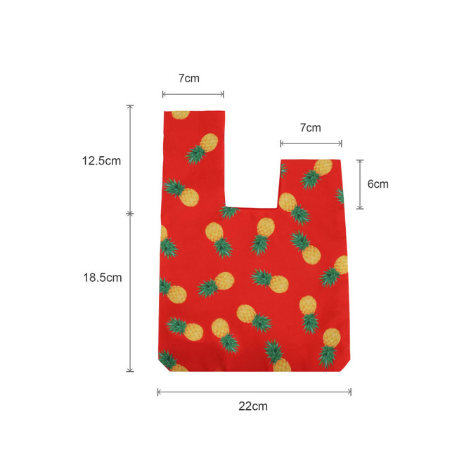 A red wrist bag featuring a pineapple pattern, with measurements displayed around it. It has a logo.