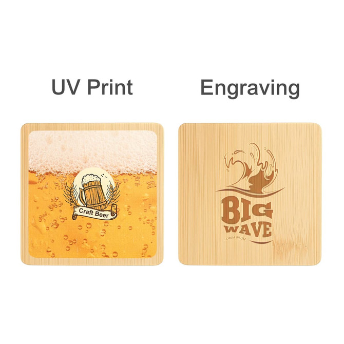 A square bamboo coaster featuring UV print and engraving designs, displayed in light brown tones.