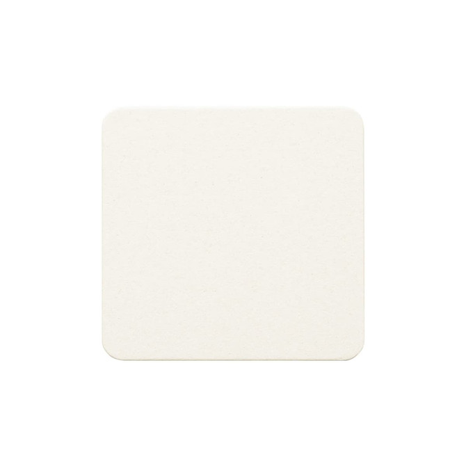 A square, white absorbent paper coaster with a smooth surface. It features a logo in one corner.