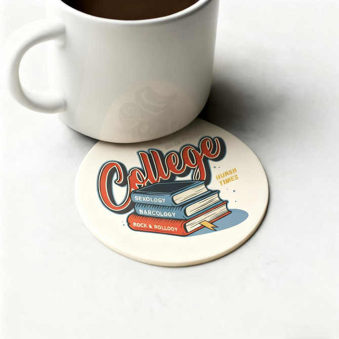 A drink mug rests on a round, cream-coloured coaster featuring a design with books and the word "College".